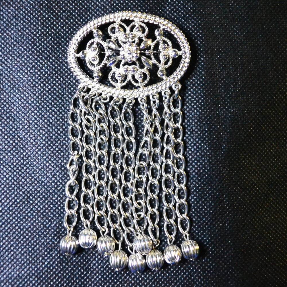 Mid Century Sara Coventry Brooch Floral Scrollwork Swinging Beads Silver Tone
